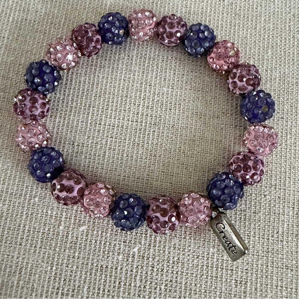 Beaded Crystal Disc Bracelet - Pink, Purple & Silver - Picture 2 of 6